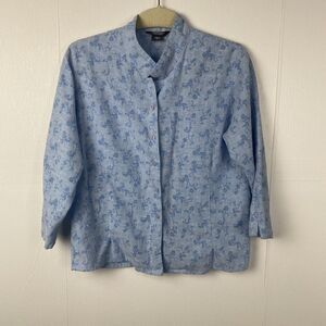 WOOLRICH Linen Blend Light Blue Floral Button Down 3/4 Sleeve Shirt Size Medium.